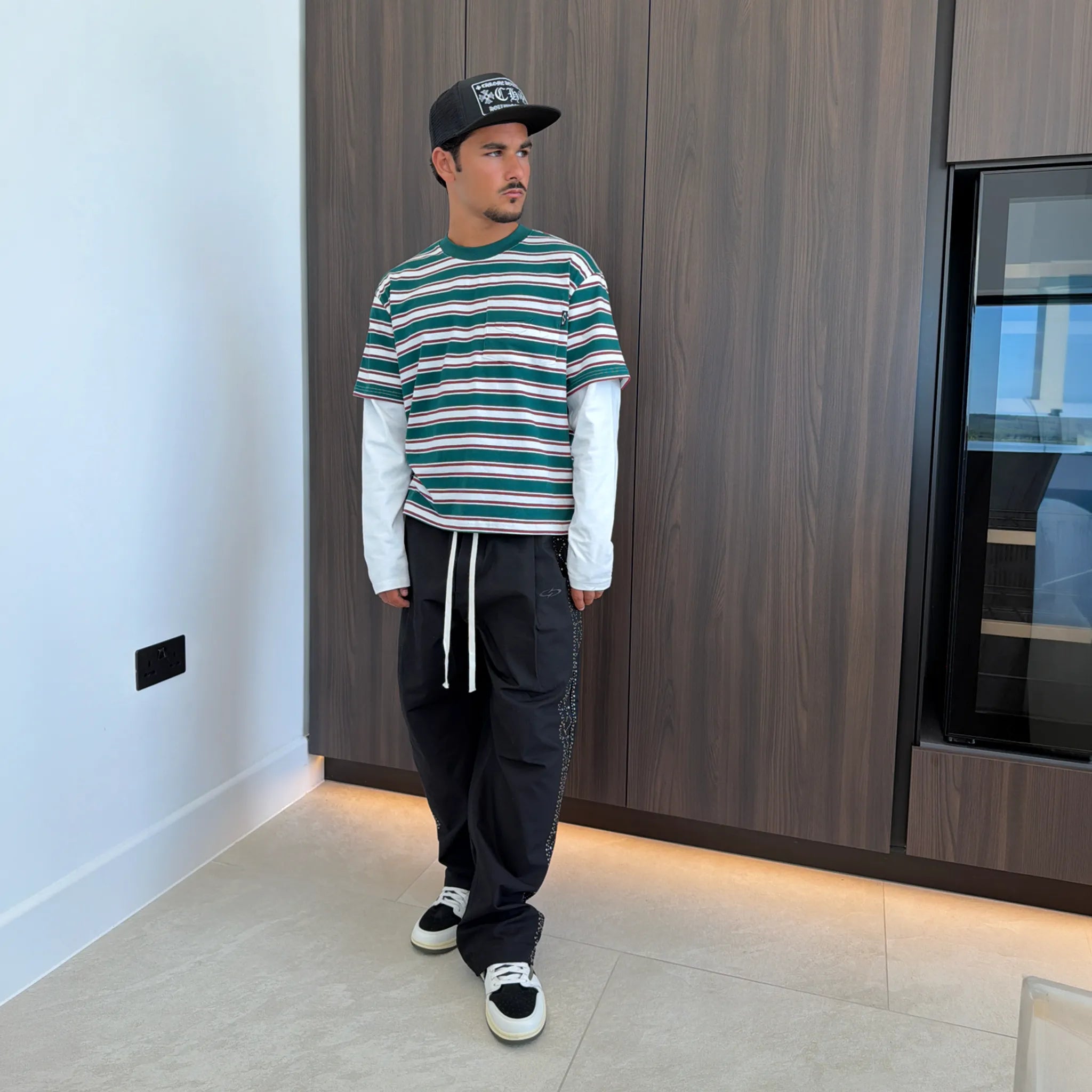 Front View of Suavo Stripe Pocket Layered L/S White T-Shirt